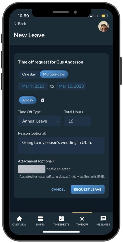 Workforce.com App Time off request