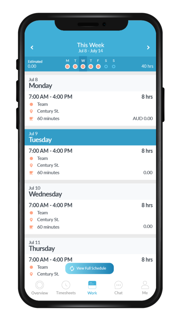 An employee schedule on the Workforce app