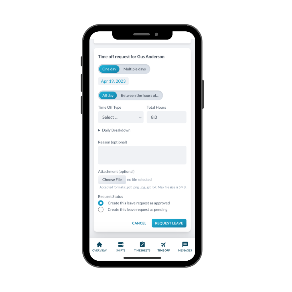 Mobile app that employees can use to request PTO